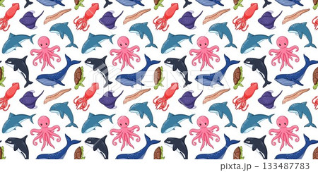 Seamless cartoon style seamless pattern with humpback whale, shark, stingray, octopus, turtle, muraena and killer whale swimming in the ocean. Background for summer and sea cloth design. 133487783
