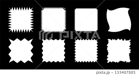 White square shapes with jagged borders. Frames with zigzag, sharp, corrugated and curved edges. Vector illustration set isolated on black for stickers, tags, labels, stamps, badges White square shapes with jagged borders. Frames with zigzag, sharp, corrugated and curved edges. Vector illustration set isolated on black for stickers, tags, labels, stamps, badges 133487885