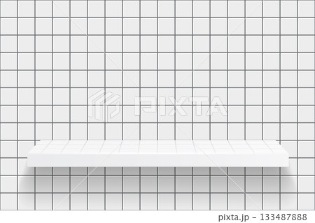 White shelf on square white tile background. Bathroom, kitchen or pool interior for product display. Realistic 3d vector illustration 133487888