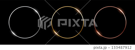 Gold, silver and bronze circle thin frames. Blank metal ring, button, stamp, emblem, sticker, label. First, second and third place medals isolated on black background. Abstract vector illustration set 133487912