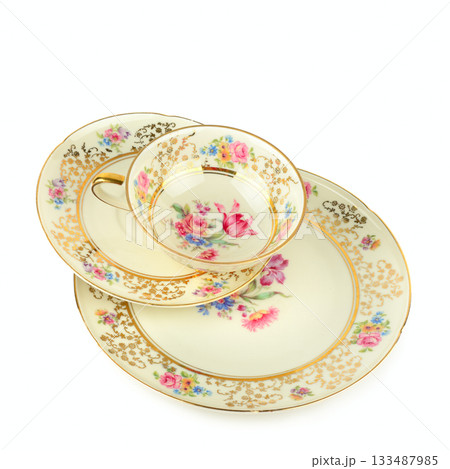 Vintage Gold and Floral Porcelain Tea Set Stack Vintage Gold and Floral Porcelain Tea Set Stack 133487985