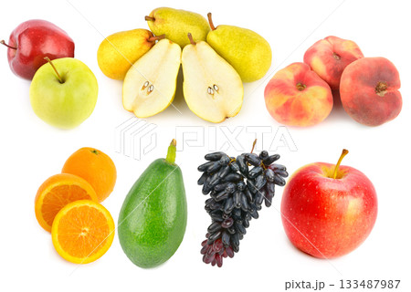 Healthy Fruit Variety Collage with Apples, Pears, Oranges, Avocado, and Grapes Healthy Fruit Variety Collage with Apples, Pears, Oranges, Avocado, and Grapes 133487987