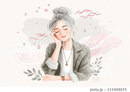 A grey haired woman places a hand over her forehead, eyes closed, with soft pink waves around her head, evoking a hot flash, hormonal surge and emotional shift during menopause A grey haired woman places a hand over her forehead, eyes closed, with soft pink waves around her head, evoking a hot flash, hormonal surge and emotional shift during menopause 133488035