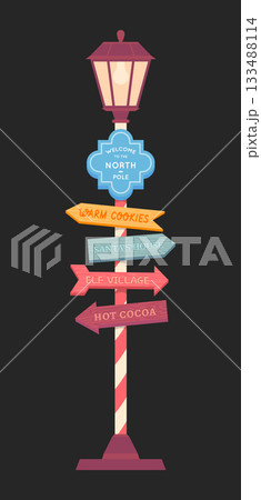 Cartoon Color Christmas Road Sign with Old Lamp Xmas or New Year Decoration Concept Flat Design Style. Vector illustration Cartoon Color Christmas Road Sign with Old Lamp Xmas or New Year Decoration Concept Flat Design Style. Vector illustration 133488114
