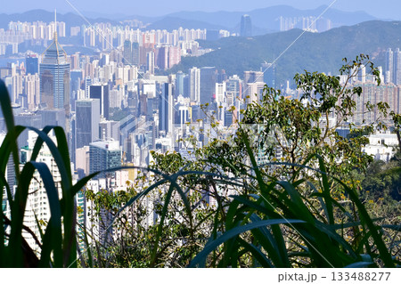 The view of Hong Kong cityscape from the Peak of Hong Kong. Beautiful and stunning view of Hong Kong. Hong Kong Cityscape and skyline.  133488277