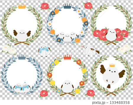 一組6個長尾山雀和天然月桂花環圖案的白色背景相框 133488358