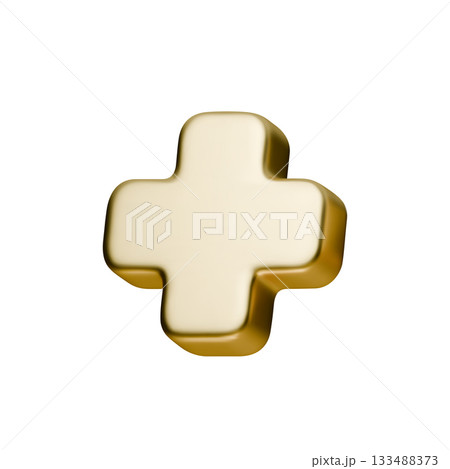 3D gold cross icon with smooth metallic texture. Golden plus symbol shines on clean white background, creating simple medical and UI element with realistic glossy finish 133488373