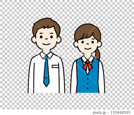 一套年輕男女上班族穿著制服和西裝的上半身向量插圖素材_彩色 133488595