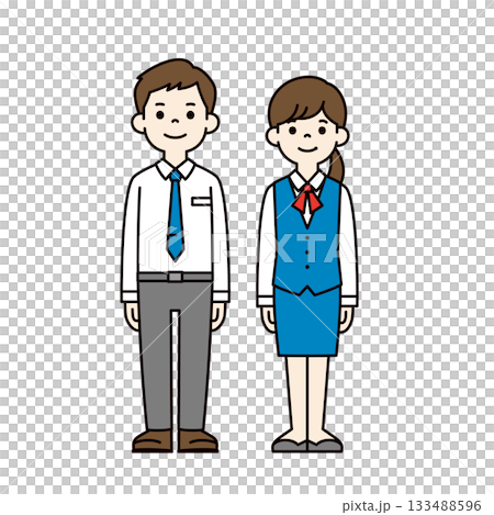 一套身著制服和西裝的年輕男女辦公室職員全身向量插圖(彩色)。 一套身著制服和西裝的年輕男女辦公室職員全身向量插圖(彩色)。 133488596