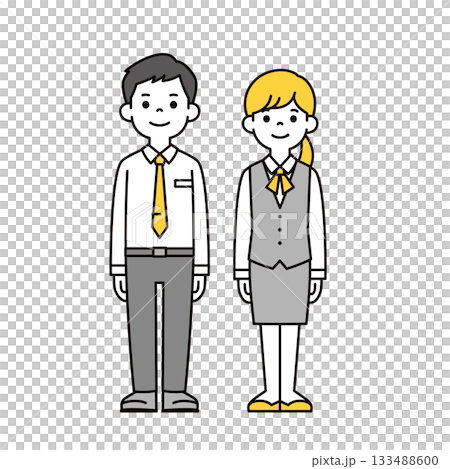 一套完整的向量插圖，描繪了身穿制服和西裝的年輕男女銀行職員、新員工和商務人士。 133488600