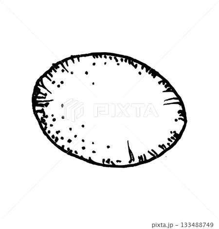 Black and white vector illustration of a whole olive drawn in clean line art. The simple hand-sketched shape shows surface texture and pits, suitable for food graphics, Mediterranean recipe layouts. 133488749
