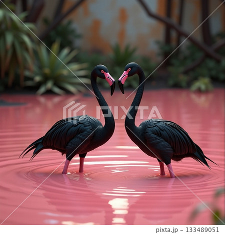 Black flamingo Serenade in Pink Lagoon Generative AI 133489051