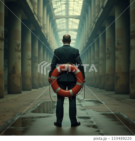Man in suit holds lifebuoy in dimly lit corridor Generative AI 133489220