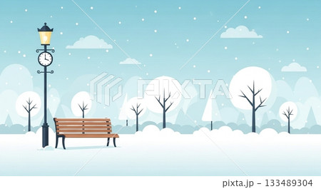 雪の公園に街灯とベンチが並ぶ静かな冬の風景イラスト 133489304