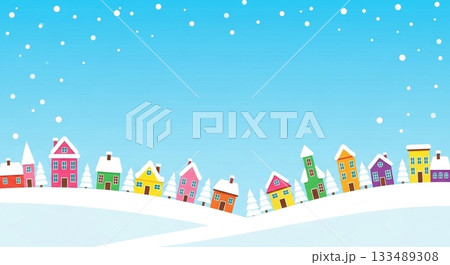 雪の上にカラフルな家々が並ぶ明るい冬の街並み背景 133489308
