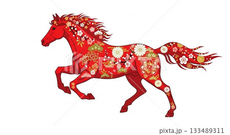 和柄模様で描いた赤い馬が駆ける縁起の良い年賀イラスト 和柄模様で描いた赤い馬が駆ける縁起の良い年賀イラスト 133489311