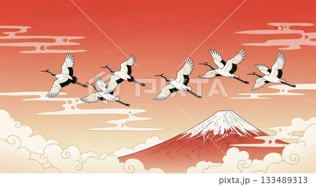 赤い空を飛ぶ鶴と富士山を描いた和風のお正月背景 133489313