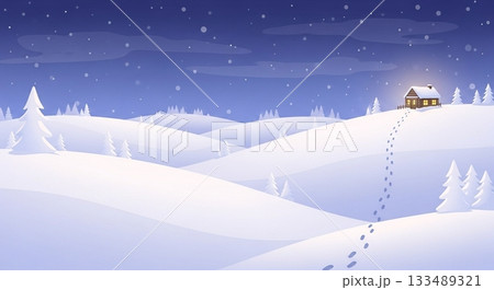 星降る夜空と白銀の雪原が広がり、遠くに小さな家の灯りが見える静かな冬景色イラスト 133489321