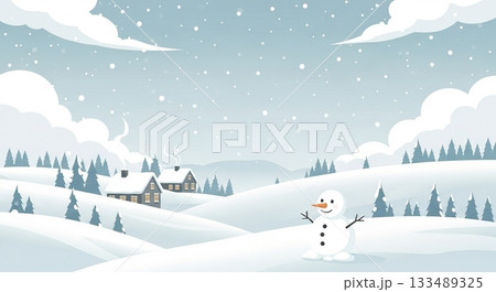 雪だるまが立つ冬の田舎風景と雪景色の背景イラスト 雪だるまが立つ冬の田舎風景と雪景色の背景イラスト 133489325
