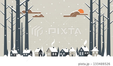 背の高い木々に囲まれた冬の森と家並みの落ち着いた雪景色イラスト 133489326