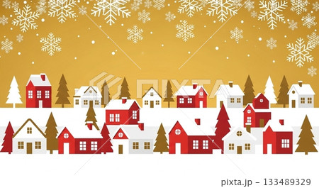 金色の空に雪が舞い、赤い家々が並ぶ温かい雰囲気の冬の街並み背景イラスト 133489329