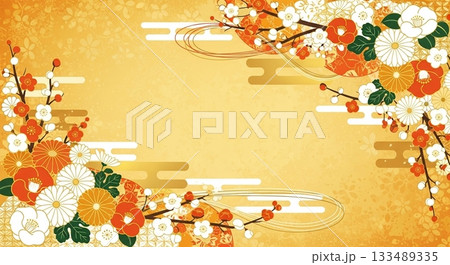梅や菊の花が左右に華やかに配置された、金色ベースの上品な和風フレーム背景デザイン 133489335