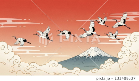 夕焼け空を背景に富士山と鶴が優雅に舞う、伝統的な雰囲気のお正月向け和風イラスト 133489337
