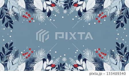 落ち着いたブルーの背景に冬の植物や赤い実が飾られたエレガントなボタニカルフレーム 133489340
