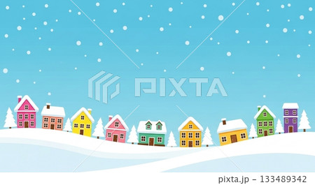 カラフルな家並みが並ぶ可愛らしい雪の冬景色背景 カラフルな家並みが並ぶ可愛らしい雪の冬景色背景 133489342
