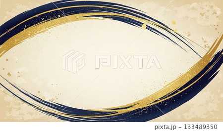 金と濃紺の筆致が円を描く、和風の高級感あふれる背景フレームデザイン 133489350