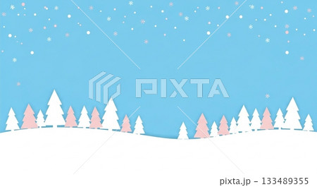 青空に星が瞬き、パステルカラーの森が広がる優しくかわいい冬の背景イラスト 133489355