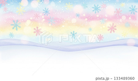 パステルカラーの空に雪の結晶が舞う、やわらかく可愛い冬の背景イラスト 133489360