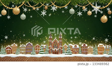 ジンジャーブレッドの家々とゴールドオーナメントが並ぶ華やかなクリスマス背景イラスト 133489362