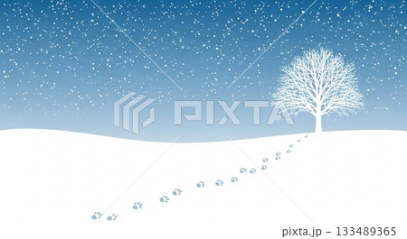 雪原に続く小さな足跡と一本の木が佇む、青空が広がる静かな冬景色イラスト 133489365
