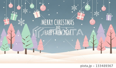 パステルカラーの森と吊り下げオーナメントが彩るかわいらしいクリスマスと新年のイラストデザイン 133489367