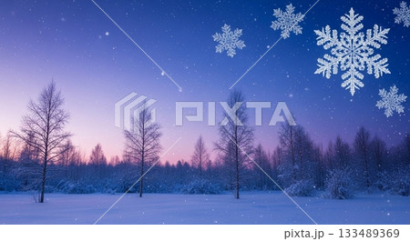 夕暮れに染まる冬の森と降り積もる雪、大きな雪の結晶が浮かぶ幻想的な冬景色の写真 133489369