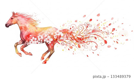 桜の花と風の模様が広がる水彩タッチの走る馬のアートイラスト 133489379