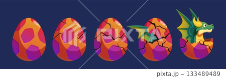 Egg cracked dragon process. Mystical fantasy monster birth. Egg shell hatching step by step by little reptile. Crackin incubator, sapid vector scene 133489489