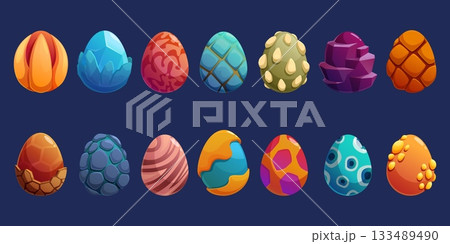 Fantasy dragon eggs. Cartoon neon egg from dinosaur, aliens or mystic creatures. Dame design assets. Magical and mythological elements, sapid vector set Fantasy dragon eggs. Cartoon neon egg from dinosaur, aliens or mystic creatures. Dame design assets. Magical and mythological elements, sapid vector set 133489490