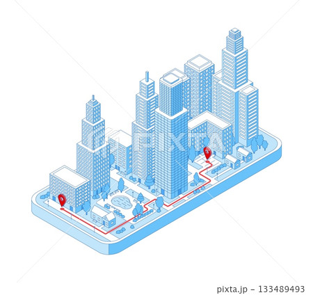 Isometric city mobile gps navigation. Virtual modern district on smartphone screen. Tracking app template for delivery, logistic, drivers, nifty vector concept 133489493