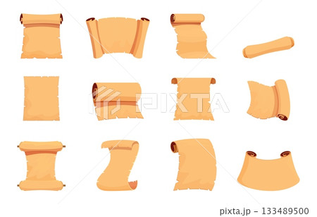 Medieval papyrus scrolls. Parchment scroll manuscripts and old papers for letters, diploma, certificate. Ancient aged treasure map sapid empty vector template Medieval papyrus scrolls. Parchment scroll manuscripts and old papers for letters, diploma, certificate. Ancient aged treasure map sapid empty vector template 133489500