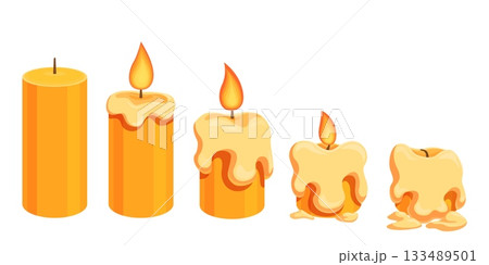 Burning cartoon candle. Wax candles with fire flame, step by step burn and melts. Medieval lighting, atmosphere home decorations. Extinguished candle sapid vector set Burning cartoon candle. Wax candles with fire flame, step by step burn and melts. Medieval lighting, atmosphere home decorations. Extinguished candle sapid vector set 133489501