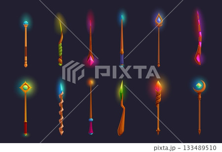 Magic wands. Wooden wand with gems, magical stones and lights. Wizard witch equipment for spells, fairy tale mystic elements, sapid vector set Magic wands. Wooden wand with gems, magical stones and lights. Wizard witch equipment for spells, fairy tale mystic elements, sapid vector set 133489510