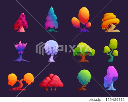 Magic vibrant tree. Fairy tale fantasy plants, magical forest park garden elements. Neon toxic slimy tree crowns, mystic cartoon plant sapid vector set 133489511