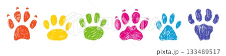 Crayon pet paws. Pencil drawing children style animal footprints. Cat dog tiger paw prints. Colorful decorative art animalistic neoteric vector elements 133489517