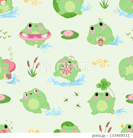 Kawaii frog seamless pattern. Positive green toad characters, funny frogs on pond. Children decorative print for fabric, wallpaper, nowaday vector background Kawaii frog seamless pattern. Positive green toad characters, funny frogs on pond. Children decorative print for fabric, wallpaper, nowaday vector background 133489531