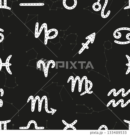 Celestial signs and zodiac symbols. Astronomy and horoscope elements. Constellation seamless pattern, print for fabric, vector background 133489533