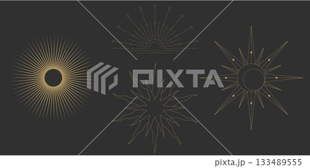 Sun line boho sunrise gold logo icon art moon sunburst appear in a calm illustration. It works with bohemian decor and light themes. A tribal inspired emblem. 133489555