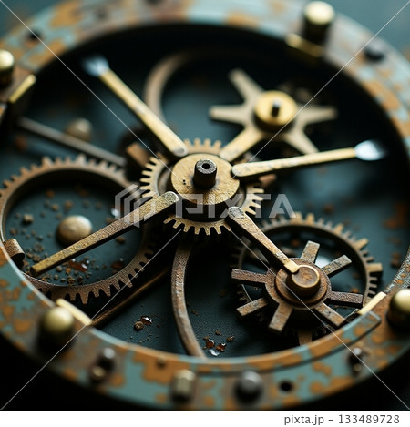 Intricate design of rusty clockwork gears in motion Generative AI 133489728
