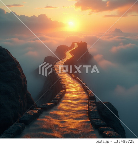 Pathway through clouds leads to the rising sun at dawn Generative AI 133489729